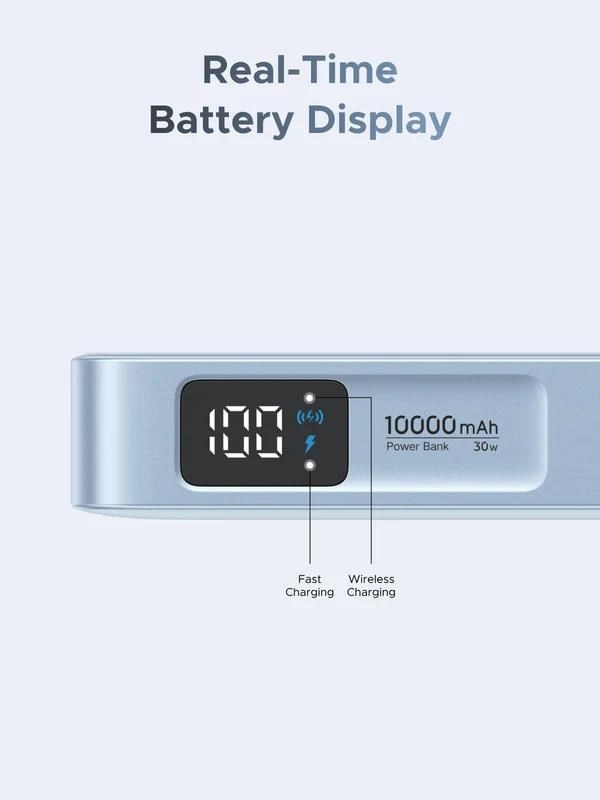 UGREEN magnetická powerbanka MagFlow 10000mAh s diplejem, Li-ion, 30W, MagSafe, 2x USB-C, stříbrná