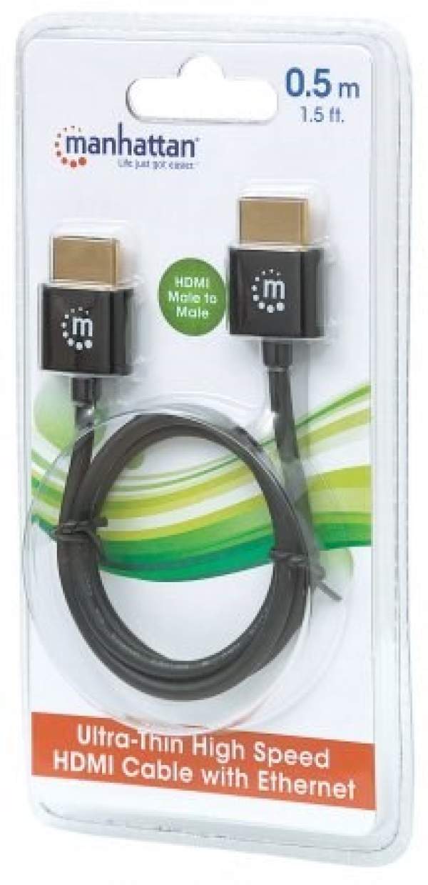 MANHATTAN Ultra-thin High Speed HDMI Cable with Ethernet, HEC, ARC, 3D, 4K, HDMI Male to Male, Shielded, Black, 0,5m