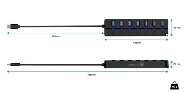 CONNECT IT USB Hub Mighty Switch 2, 4xUSB 3.0, 3xUSB 2.0, externí, černá
