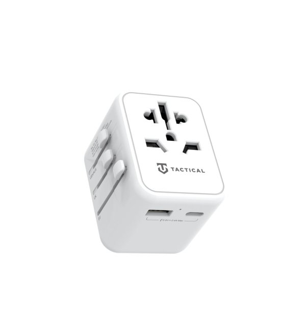 Tactical cestovní adaptér pro EU/UK/USA/JAP/AUS/CNY, 1x USB-C + 1x USB A, 12W, bílá