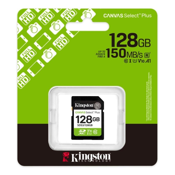 Kingston paměťová karta 128GB Canvas Select Plus Gen 3 SDXC 150R U1 UHS-I C10 V10