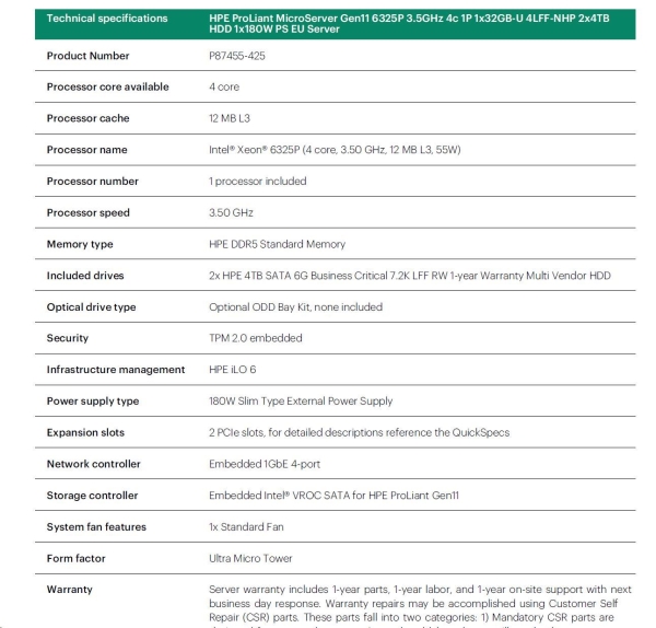 HPE PL MicroServer Gen11 6325P (3.5-5.2G/4C8T) 1x32G 2x4TB SATA 4LFF/SFF-NHP 4p1G iLoPort (P65741) NBD111 Smart Choice