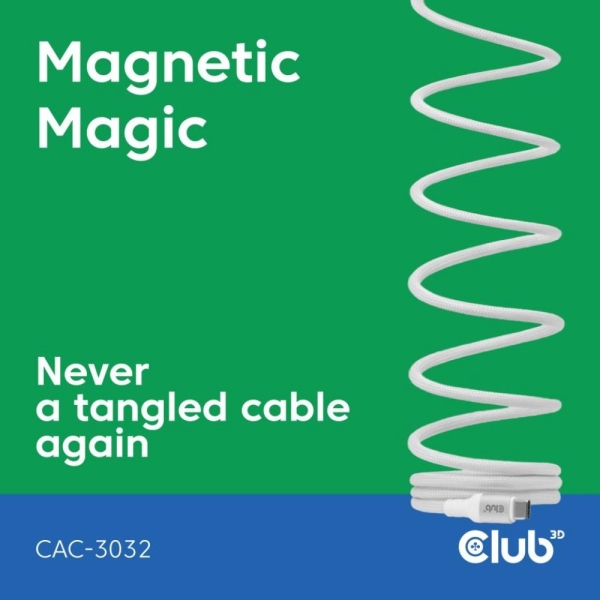 Club3D Kabel magnetický USB-C, 240W PD3.1, 480 Mbps, 2m, bílá