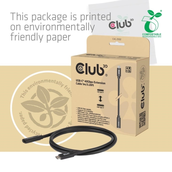Club3D Prodlužovací kabel USB-C 8K60Hz, 40Gbps, Power Delivery 240W, (M/F), 100cm