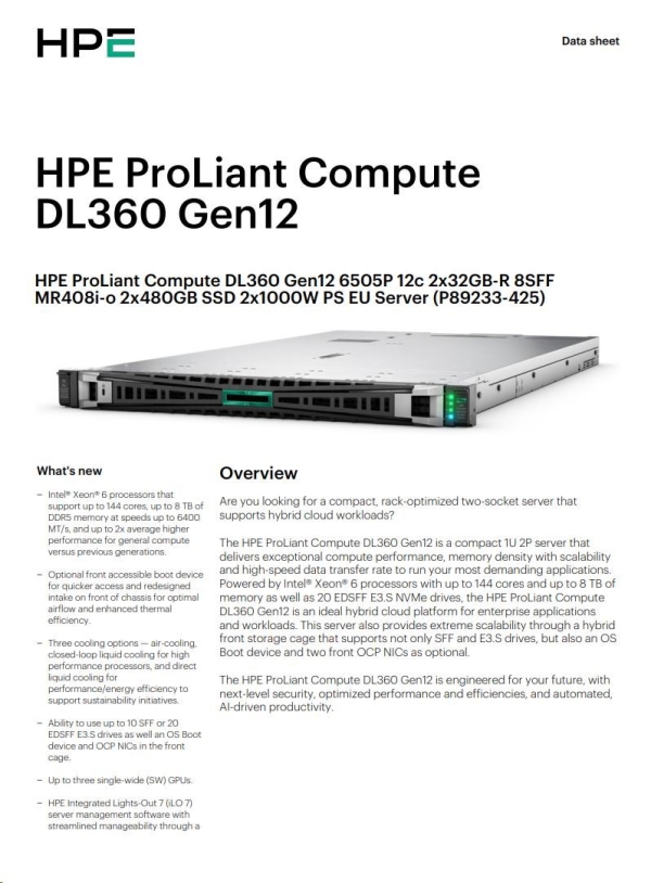 HPE PL DL360g12 6507P (3.5G/8C) 2x32G (P69727) 2x480G MR408i-o 8SFF 2x1000W 10GbE NBD333 Smart Choice