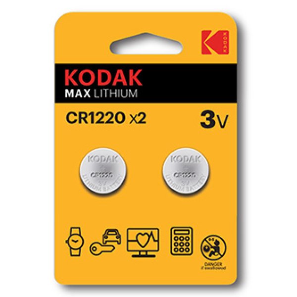 Baterie jednorázová lithiová, knoflíková, CR1220, 3V, Kodak, blistr, 2-pack, KOD-1220BL2, knoflíková