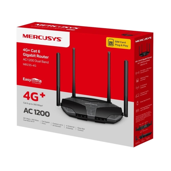 Mercusys MB235-4G WiFi5 EasyMesh router (AC1200, 4G LTE Cat6, 2,4GHz/5GHz,1xGbE LAN/WAN,3xGbE LAN,1xnanoSIM)