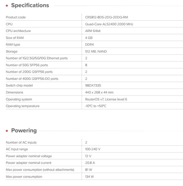 MikroTik CRS812-8DS-2DQ-2DDQ-RM 2x 400G QSFP-DD, 2x 200G QSFP56, 8x 50G SFP56, 2x 10GE Cloud Router Switch
