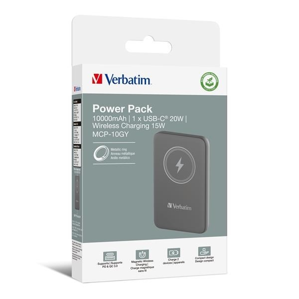 VERBATIM Powerbanka Charge 'n' Go, Magnetická, 10000 mAh, USB-C, Šedá