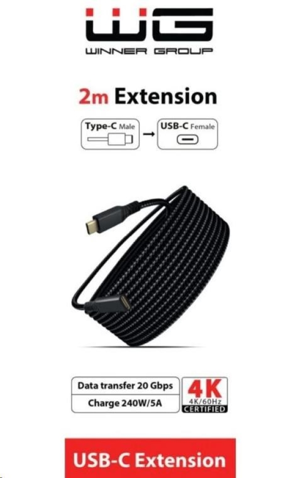 WG - Prodlužovací kabel USB-C (male) na USB-C (female), 2 metry, nylonový oplet, černá
