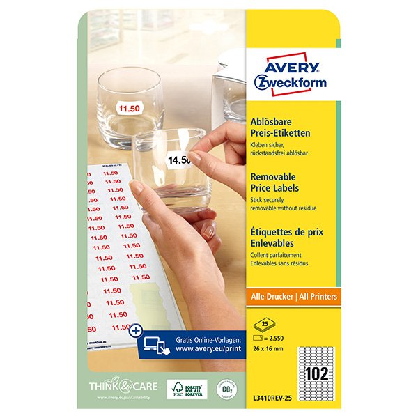 Avery Zweckform cenovky 26mm x 16mm, A4, bílé, 102 etiket, snímatelné, baleno po 25 ks, L3410REV-25, pro laserové a inkoustové tis