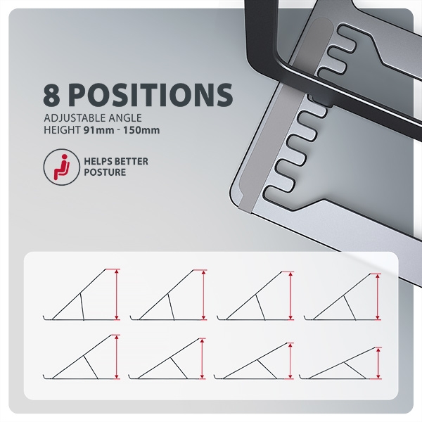 AXAGON STND-LAG, hliníkový stojan pro notebooky 10"-17.3", nastavitelná výška, šedý