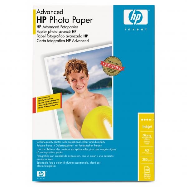 HP Advanced Glossy Photo Paper, foto papír, lesklý, zdokonalený typ bílý, A3, 250 g/m2, 20 ks, Q8697A, inkoustový