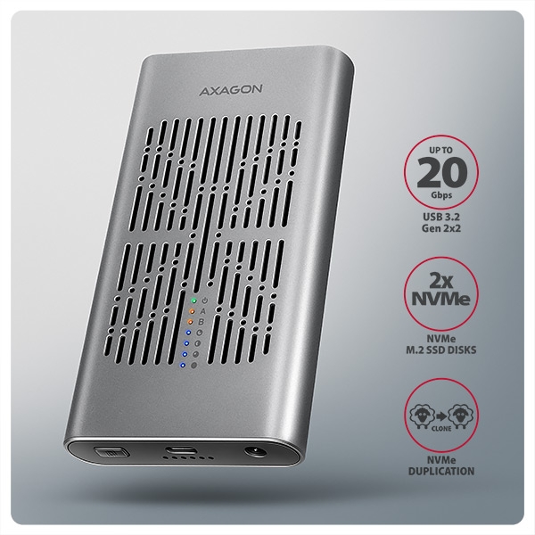 AXAGON EEM2-20GD, USB-C 20Gbps externí box pro dva M.2 NVMe SSD s funkcí klonování