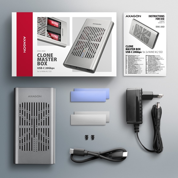 AXAGON EEM2-20GD, USB-C 20Gbps externí box pro dva M.2 NVMe SSD s funkcí klonování