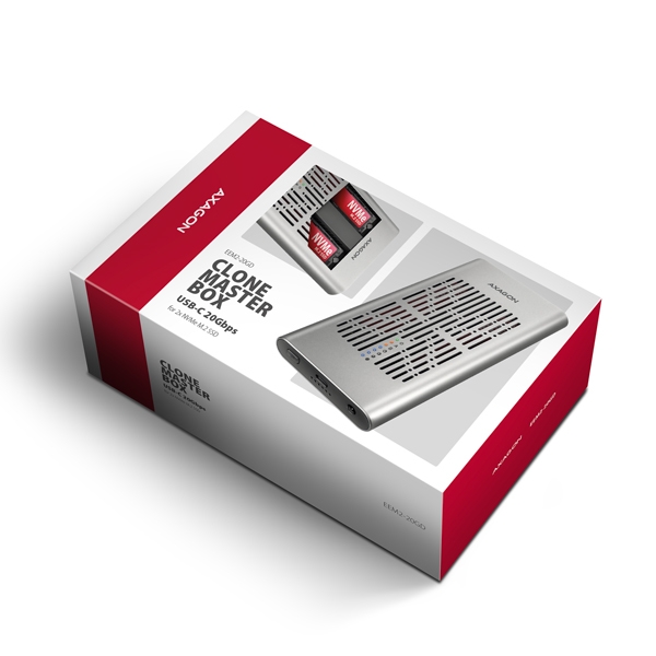 AXAGON EEM2-20GD, USB-C 20Gbps externí box pro dva M.2 NVMe SSD s funkcí klonování