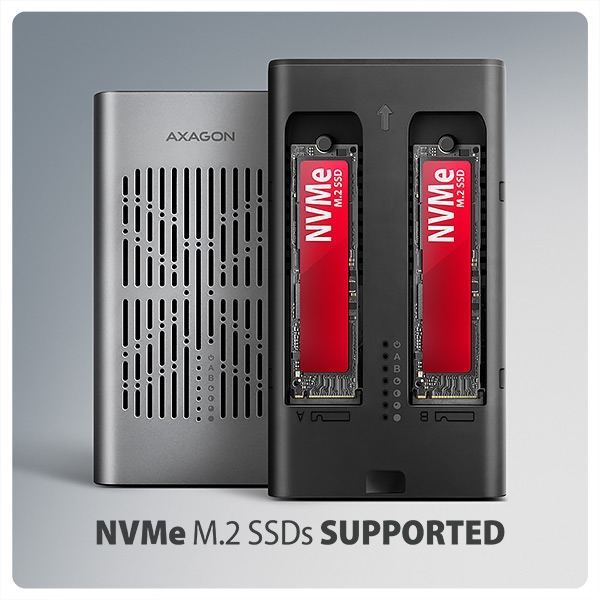 AXAGON EEM2-20GD, USB-C 20Gbps externí box pro dva M.2 NVMe SSD s funkcí klonování