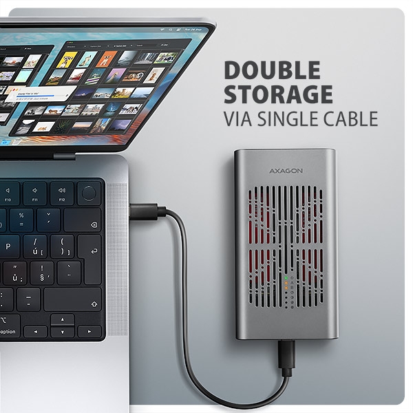 AXAGON EEM2-20GD, USB-C 20Gbps externí box pro dva M.2 NVMe SSD s funkcí klonování