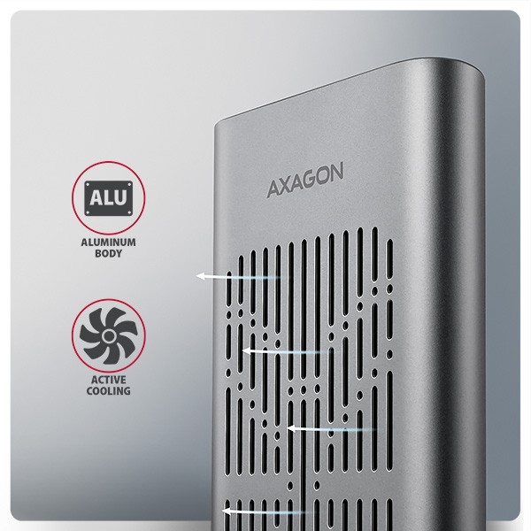 AXAGON EEM2-20GD, USB-C 20Gbps externí box pro dva M.2 NVMe SSD s funkcí klonování