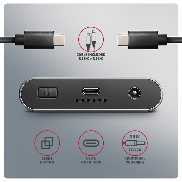 AXAGON EEM2-20GD, USB-C 20Gbps externí box pro dva M.2 NVMe SSD s funkcí klonování