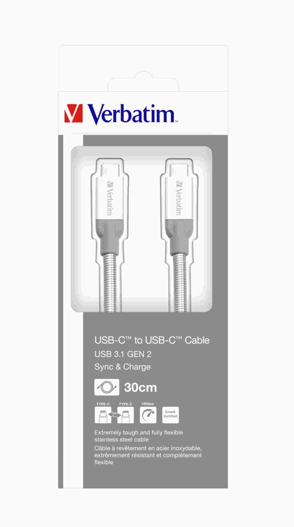 Verbatim USB kabel (3.1), USB C samec - USB C samec, 0.3m, stříbrný, box, 48867