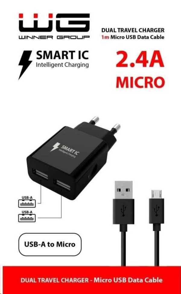 WG - Síťová nabíječka 2x USB-A 2,4A , Smart IC + kabel USB-A na Micro USB, black