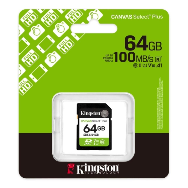 Kingston paměťová karta 64GB Canvas Select Plus Gen 3 SDXC 150R U1 UHS-I C10 V10