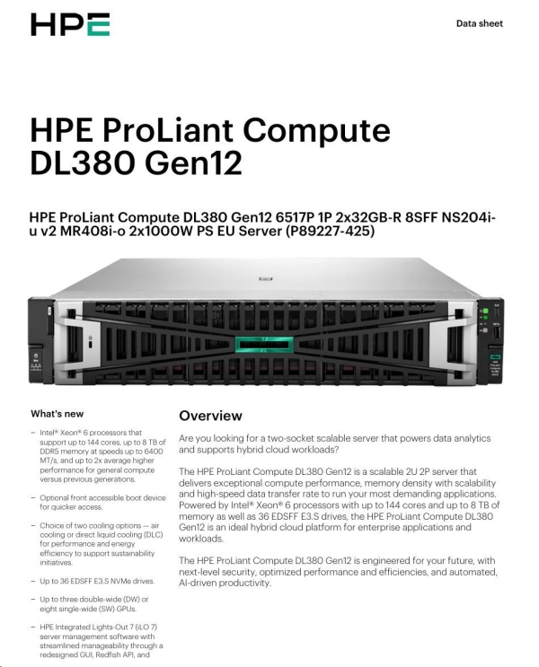 HPE PL DL380g12 6517P (3.2-4.2G/16C) 2x32G (P69727) NS204(2x480) MR408i-o 8SFF 2x1000W 2p10G-T NBD333 Smart Choice