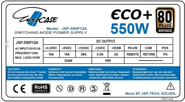EUROCASE zdroj 550W Eco+, 120mm, 80+ Bronze, ATX