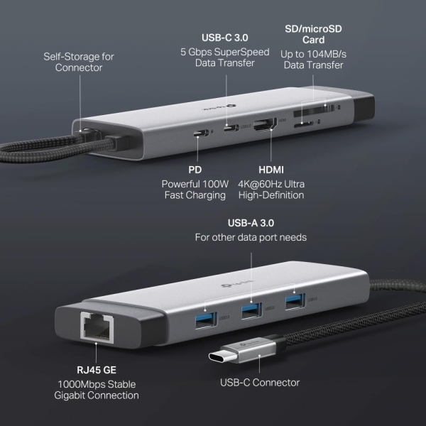 TP-Link UH9120C USB-C hub 9v1 (3xUSB3.2Gen1,1xUSB-C3.2Gen1, 1xGbE, 1xHDMI, 1xSD, 1xmicroSD, PD 100W)