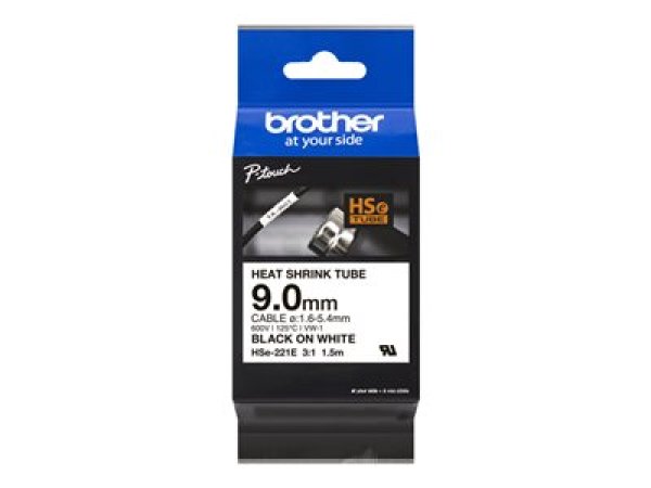 Brother HSe-221E - Černá na bílé - Roll (0.9 cm x 1.5 m) 1 kazeta/y závěsný box - páska pro tepelně smrštitelnou trubici - pro P-Touch PT-D800W, PT-E300, PT-E300VP, PT-E550WVP, PT-P700, PT-P750W, PT-P900W, PT-P950NW