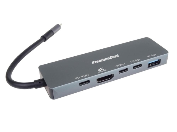 PremiumCord Adaptér USB-C na 4K@60Hz HDMI + 10G USB3.2 A + 10G 2x USB-C + PD