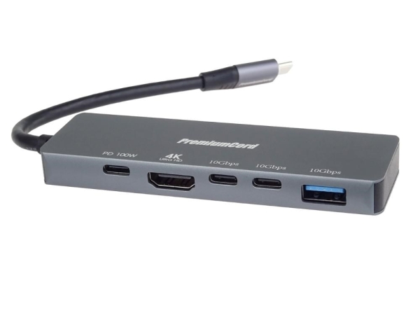PremiumCord Adaptér USB-C na 4K@60Hz HDMI + 10G USB3.2 A + 10G 2x USB-C + PD