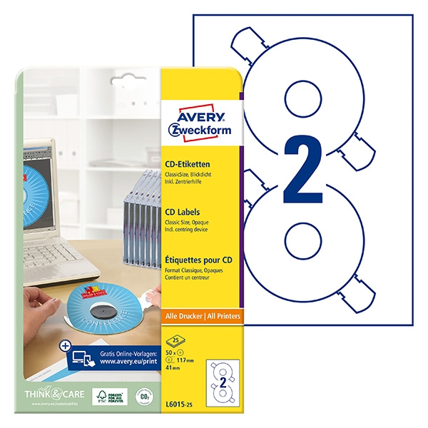 Avery Zweckform etikety na CD 117/41mm, A4, matné, bílé, 2 etikety, baleno po 25 ks, L6015-25, pro laserové a inkoustové tiskárny,