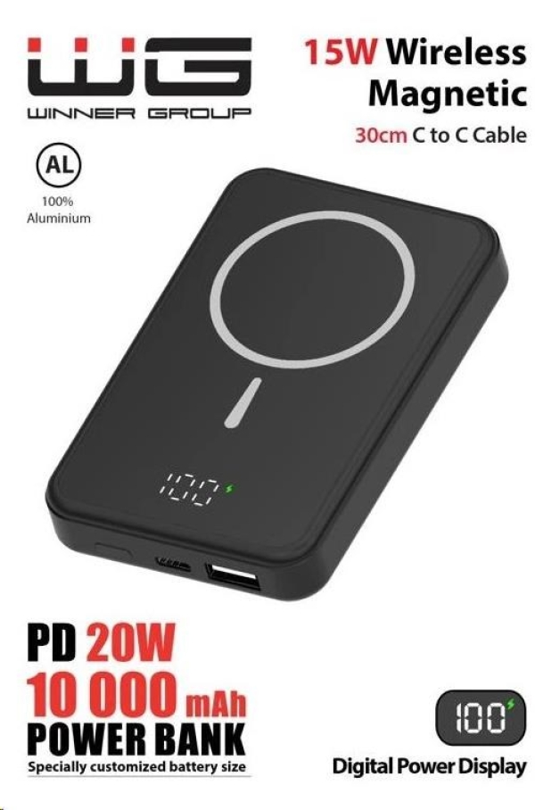 WG - Power Bank 10000 mAh, bezdrátová 15W + PD 20W + QC 3.0 22,5W, černá