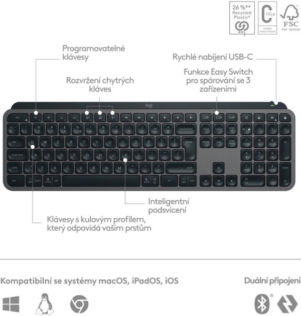Logitech MX KEYS S/Bezdrátová USB + Bluetooth/US layout/Grafitová