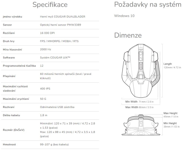 COUGAR herní myš drátová DUALBLADER čip PMW3389 16000dpi 12 fully programmable buttons