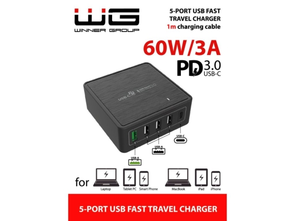 WG - Síťová nabíječka 5x USB 60W, 1x USB-A QC 3.0 + 3x USB-A Smart IC + 1x USB-C PD, černá