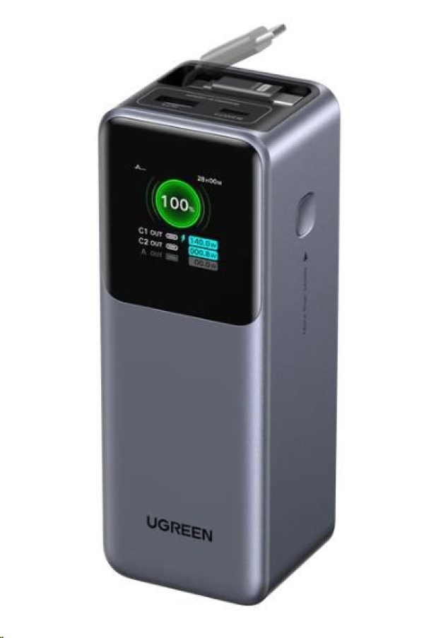 UGREEN powerbanka s rychlým nabíjením 20000mAh 3-port s displejem, Li-ion, 165W, 2x USB-C, 1x USB-A, stříbrná