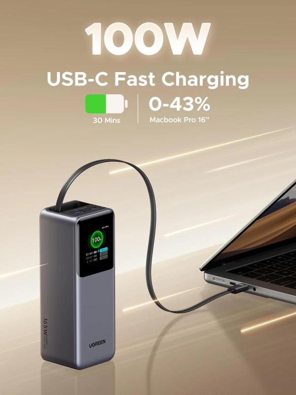 UGREEN powerbanka s rychlým nabíjením 20000mAh 3-port s displejem, Li-ion, 165W, 2x USB-C, 1x USB-A, stříbrná