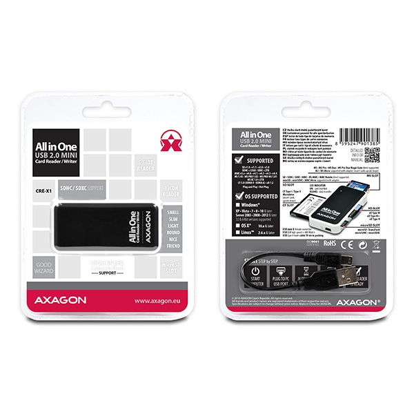 Čtečka pam.karet AXAGON CRE-X1, USB 2.0 externí MINI 5-slot (CRE-X1)
