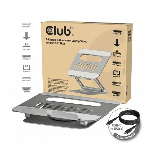 Club3D Nastavitelný hliníkový stojan pro notebook s USB-C hubem na 2xUSB, 1xHDMI, 2xUSB-C, 1xRJ45, 360°, 100W, 4K60Hz