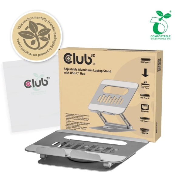 Club3D Nastavitelný hliníkový stojan pro notebook s USB-C hubem na 2xUSB, 1xHDMI, 2xUSB-C, 1xRJ45, 360°, 100W, 4K60Hz