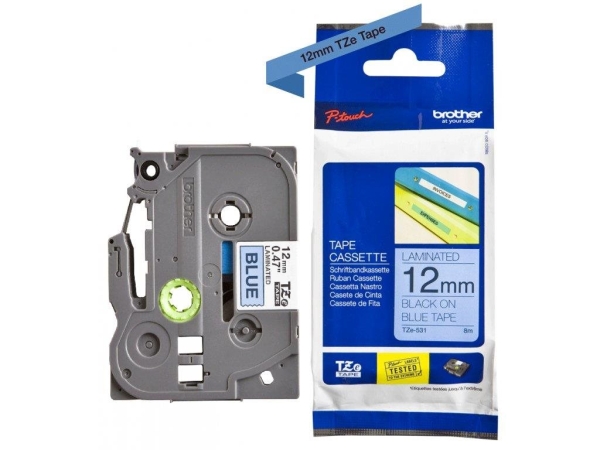 Brother originální páska do tiskárny štítků, Brother, TZE-531, černý tisk/modrý podklad, laminovaná, 8m, 12mm