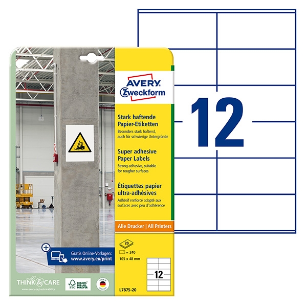 Avery Zweckform etikety 105mm x 48mm, A4, bílé, 12 etiket, s vysokou lepivostí, baleno po 20 ks, L7875-20, pro laserové a inkousto