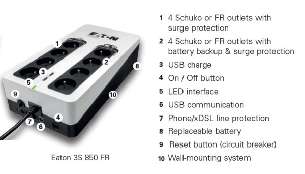 Eaton 3S 850 FR, UPS 850VA / 510W, 8 zásuvek (4 zálohované), USB, 2x USB charge, české zásuvky
