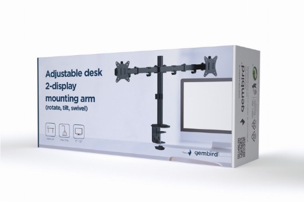 GEMBIRD Držák 2 monitorů na stůl MA-D2-01, naklápěcí, až do 32” a 9kg, černý