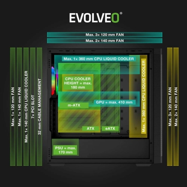 EVOLVEO Scorpio, Big Tower/4x ARGB/sklo+mřížka