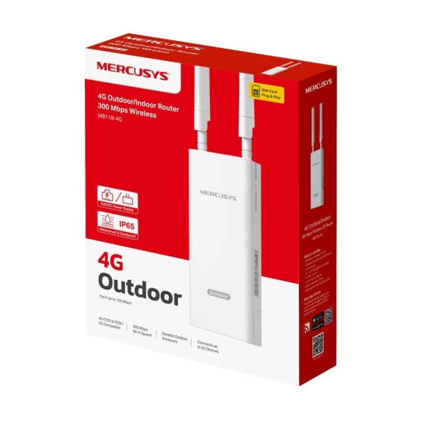 MERCUSYS MB118-4G venkovní-pout door WiFi4 router (N300, 4G LTE, 2,4GHz, 1x100Mb/s LAN/WAN,1xnanoSIM,1xPoE-Out)