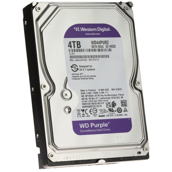 WDC WD44PURZ hdd 4TB SATA3-6Gbps 5400rpm 128MB CMR (řada PURPLE sledovací systémy a kamery) 180MB/s